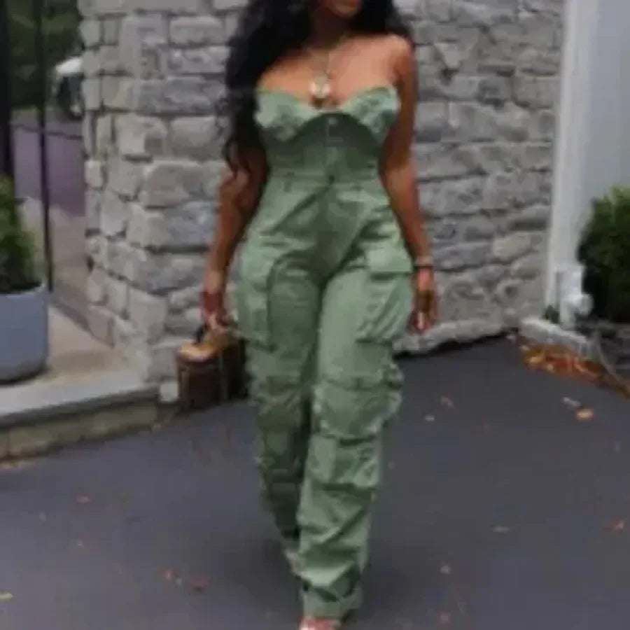 Jumpsuits Women Sexy One Piece Strapless Sleeveless Single Breasted Multiple Pockets High Waist Overalls Streetwear Trousers