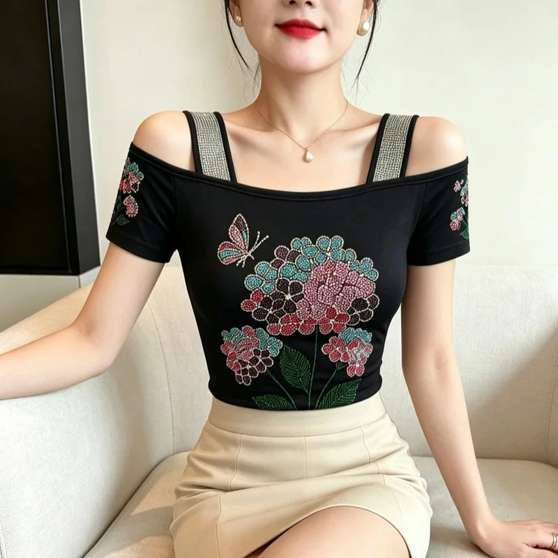 High Quality Elasticity Clothes Fashion T-Shirts Women's Sexy Off Shoulder Shiny Diamonds Mesh Tops Summer Tees Shirt
