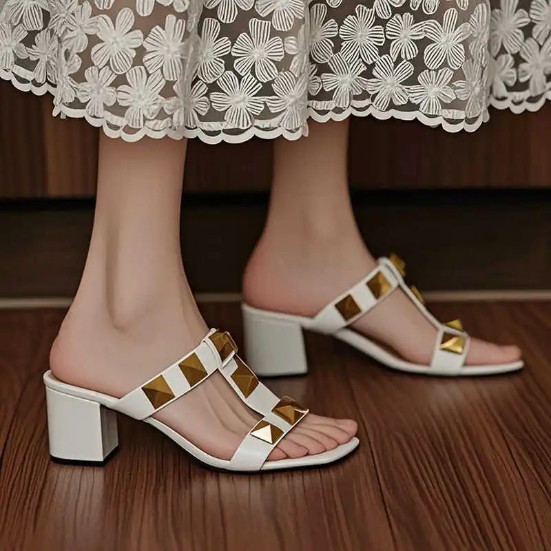 Women's Heels Sandals Gladiator Summer Luxury Brand Designer Rivets Open Toe Slipper Slingbacks Comfortable Ladies Shoes Women