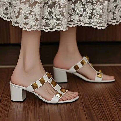 Women's Heels Sandals Gladiator Summer Luxury Brand Designer Rivets Open Toe Slipper Slingbacks Comfortable Ladies Shoes Women