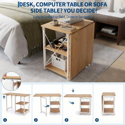 41inch Folding Computer Desk with Wheels, Space-Saving Mobile Home Office Writing Table, Storage Shelf, Side Organizer, Locking Rolling Casters