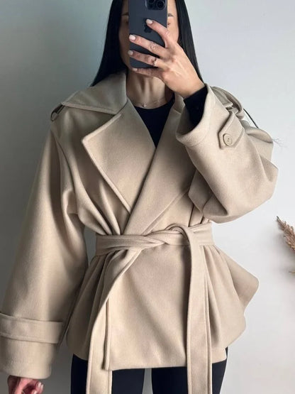 Women Short Wool Blend Trench Coat Lapel Collar Belted Waist Wrap Long Sleeve Loose Overcoat Casual Autumn Winter Lady Jackets