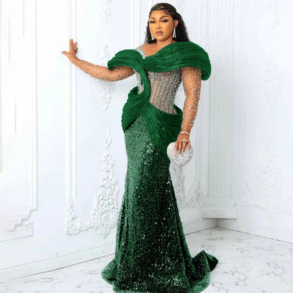 Customized Blue African Prom Dresses Plus Size 3D Pleated Off the Shoulder Evening Gowns Aso Ebi Style Wedding Reception Dress