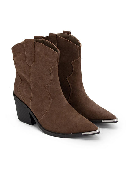 GMQM 2025 Women's Comfort Ankle Booties Brown Cowboy Western Boots Metal Heels Block Wide Calf Pointed Toe Slip On Casual Shoes