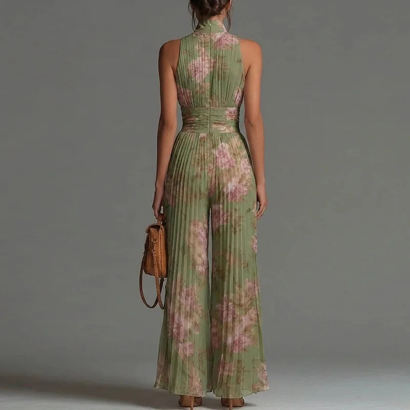 Women Elegant Chiffon Sleeveless Jumpsuit High Waist Pleated Flowy Wide Leg One Piece Overalls Holiday Casual Streetwear Rompers