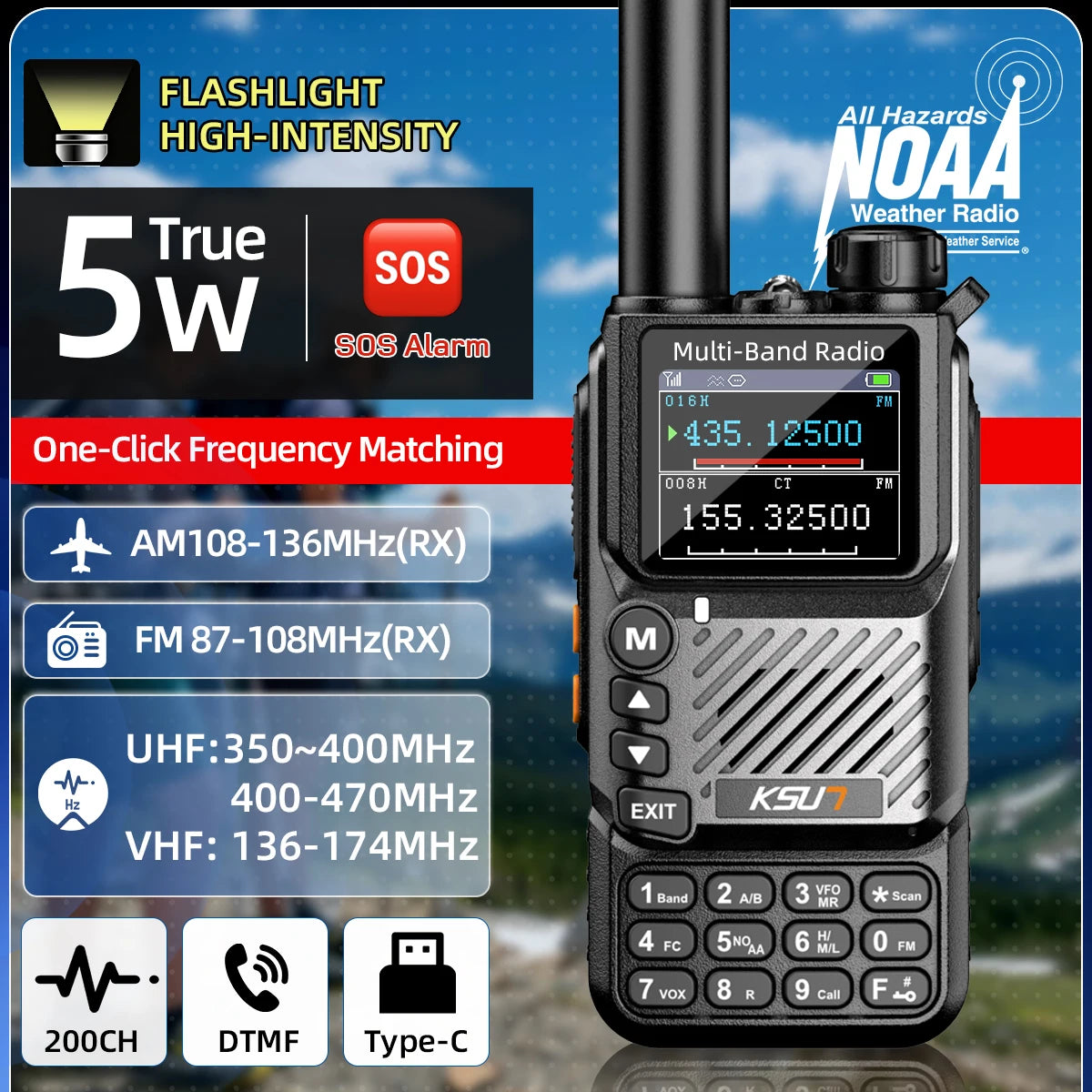 UV60D PLUS 5W Walkie Talkie SOS Alarm NOAA Weather Radio 200CH VHF UHF AM FM Type-C Two Way Radio for EU Outdoor
