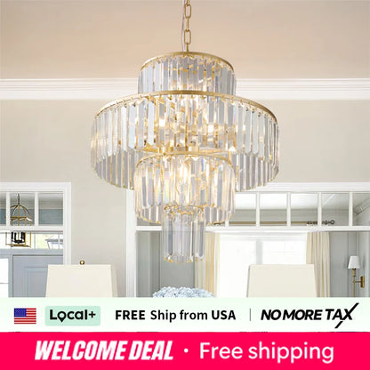 20" Luxury 4-Tier Crystal Chandelier, 12-Light Gold Frame Pendant Light, Elegant Ceiling Lighting for Living Room, Dining Room