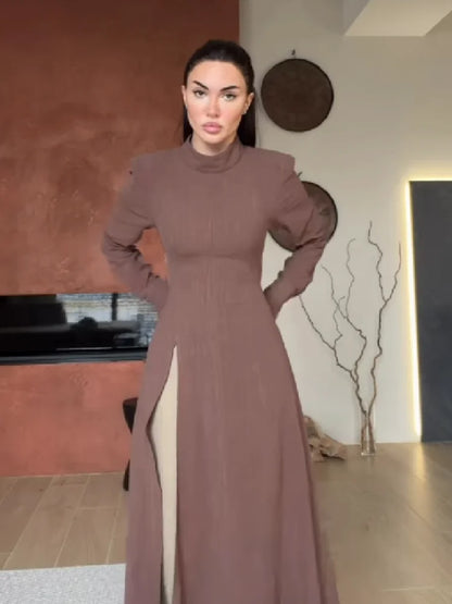 Women's Casual High Neck Long Sleeve Maxi Dress Elegant Waist Slimming Slit Hem Unique Wear Chic Lady Formal Work Meeting Outfit