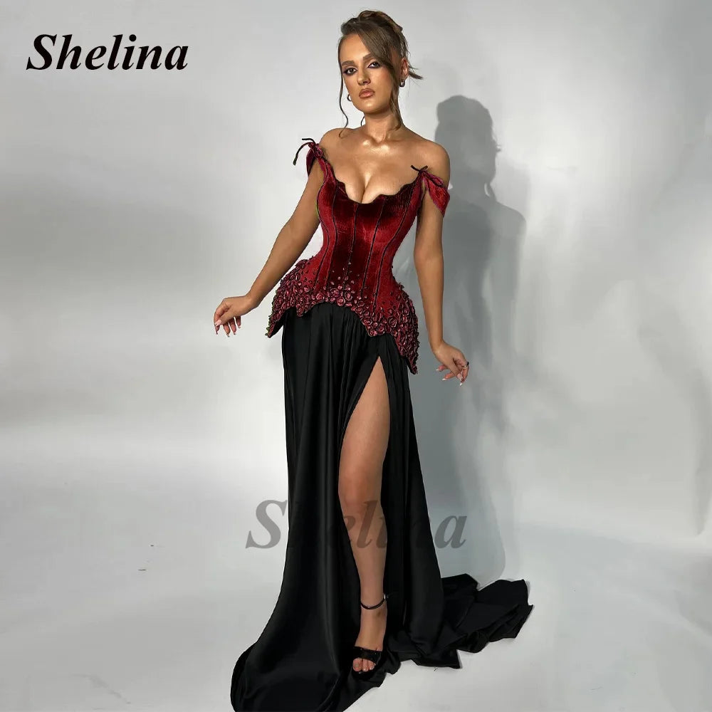 Shelina Stylish Satin Prom Dresses for Women A-line Off the Shoulder High Slit Scalloped Neck Robes De Soiree Customized