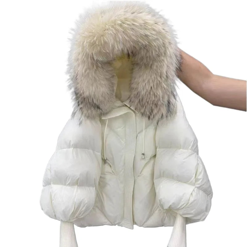 New Wool-neck Hooded Down Jacket Winter Thickened Warmth Loose Duck Down Coat Fashionable Simple Commuting Warm Women's Clothing
