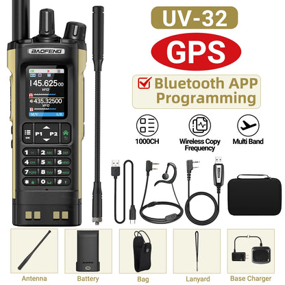 Baofeng UV-32 Walkie Talkie GPS 10W High Tri Power Bluetooth Wireless Programming UHF VHF Scrambler Type C Charge Two Way Radio
