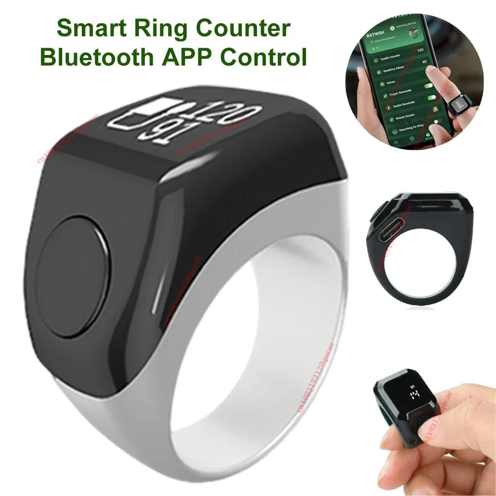 2026 Qibla Smart Zikr Ring Praise Tasbih Tally Electronic Digital Counter for Muslims 5Prayer Time Vibration Reminder Waterproof