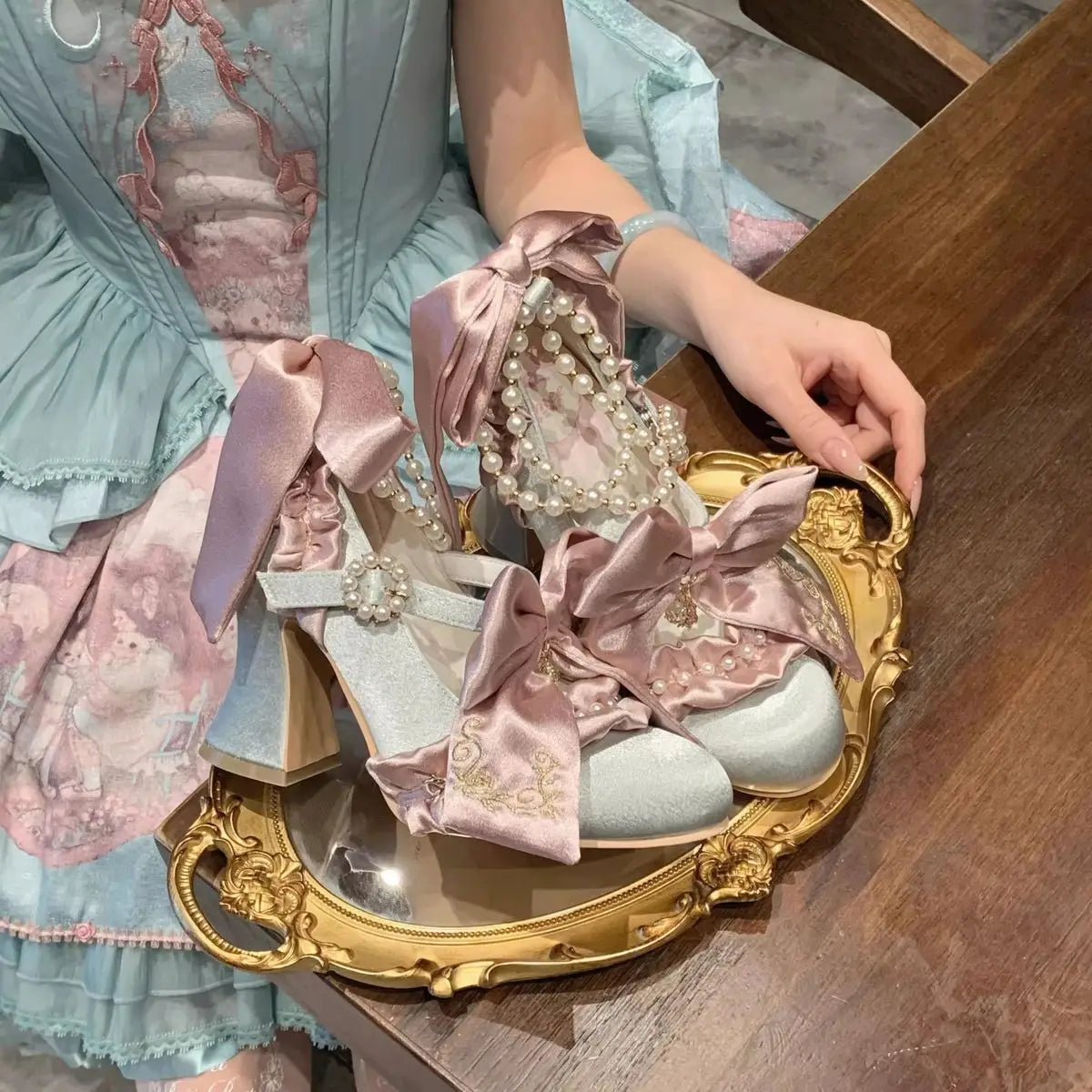 Sweet Lolita Women High Heels Luxury Designer Court Style Velour Bowknot Princess Dress Shoes Elegant