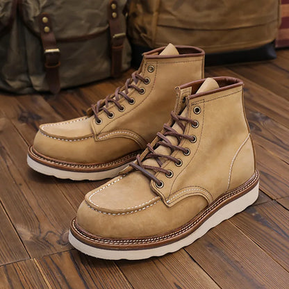 KOWM Cowhide Hiking Shoes Men's Walking Boot British Trekking Shoes Thick Soled Cowhide High Top Motorcycle Boots Ankle Sneakers