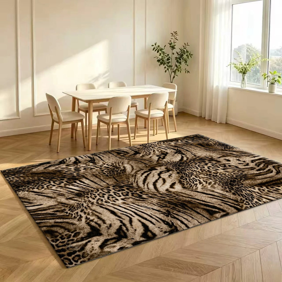 Animal Print Leopard Zebra Mix Area Rug Brown Beige Non‑Slip Carpet Floor Mat for Living Room Bedroom Home Decor