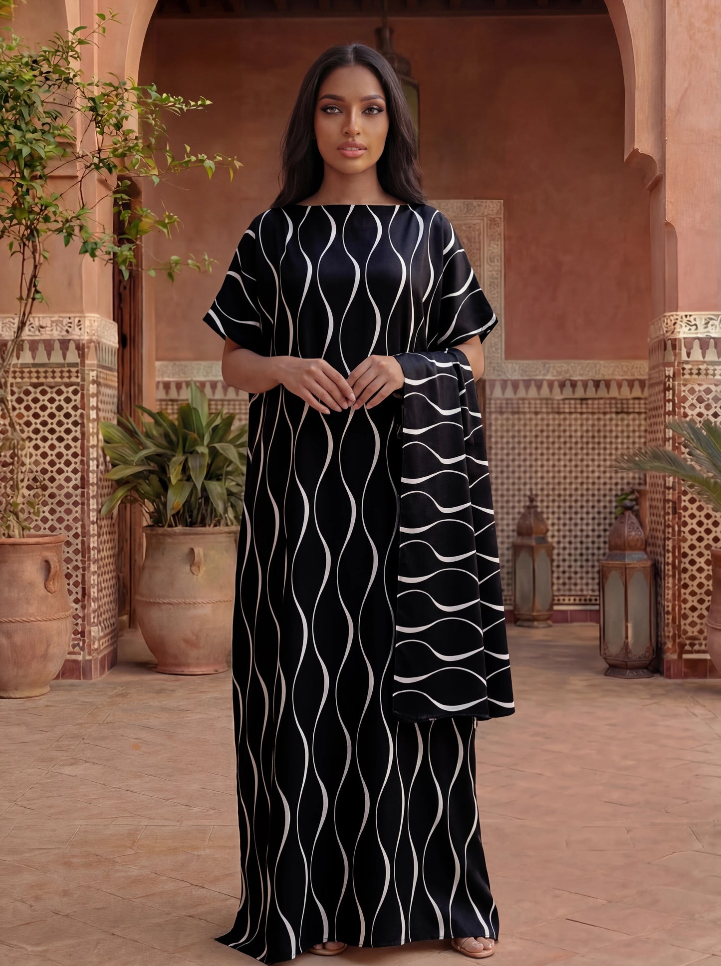 African Women's Printed Abaya With Scarf - Dubai Style Loose Boat Neck Batwing Sleeve Maxi Kaftan Dress