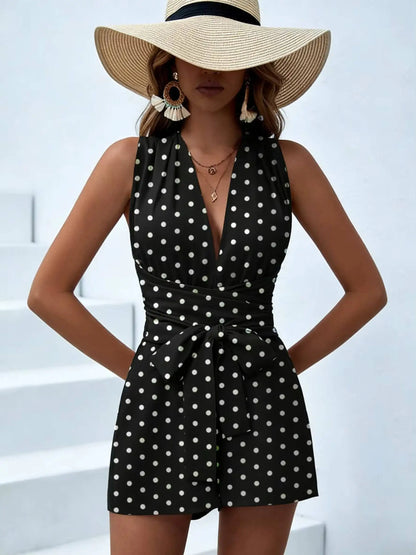Women Halter Sleeveless Deep V Belted Polka Dot Fitted Romper Boho Spring Summer Vacation Beach Lightweight Breathable Romper