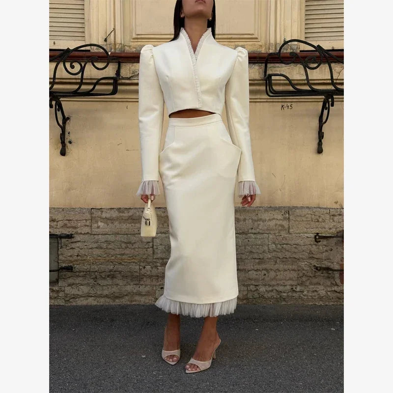 White Women's mesh two piece set Puff Sleeve V Neck blazer two piece dress set Daily Commuter Party  Outfit 2026 Summer Style