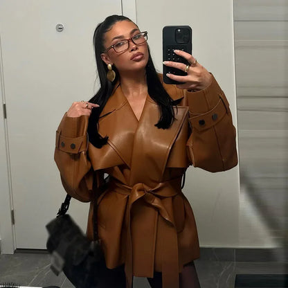 Women PU Leather Jackets Coats Solid Lapel Collar Lace Up Full Sleeve Loose Outwear Female Elegant Chic Daily Streetwear Coats