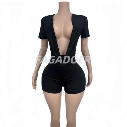 FAGADOER Sexy Solid Color Bodycon Jumpsuits for Woman Deep V-neck Short Sleeve One Piece Rompers Female Streetwear Overalls New