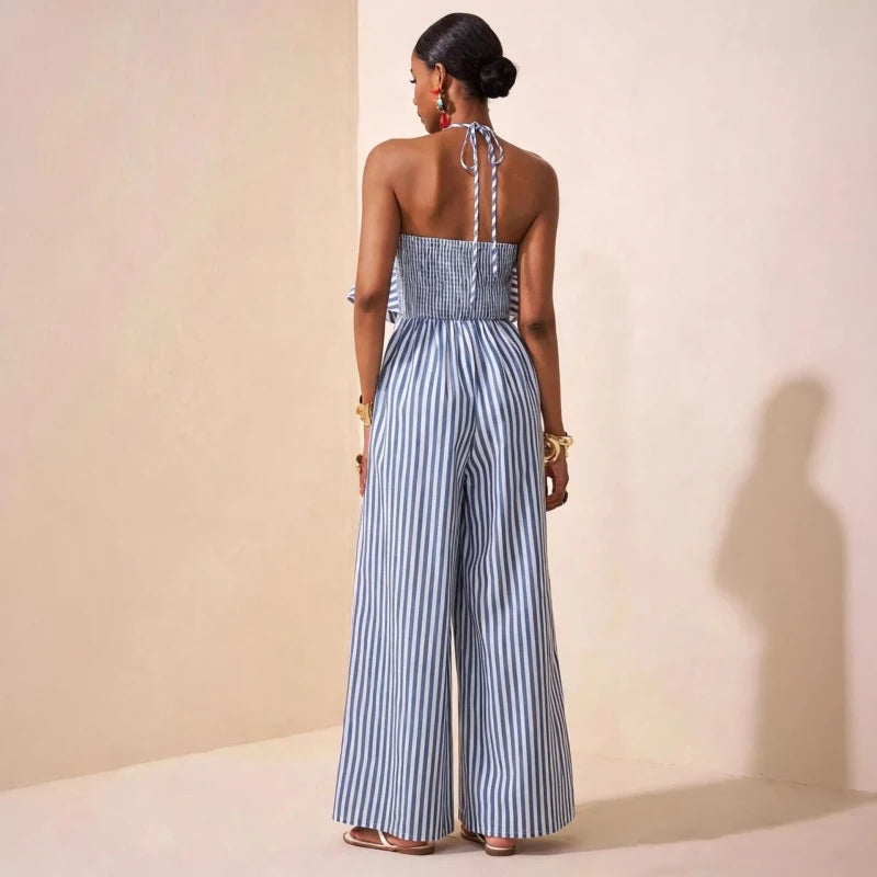 New African Fashion Women Summer Jumpsuits Striped Printed Halter Hollow Out Back Ruffles Patchwork Wide Leg Pants Jumpsuit
