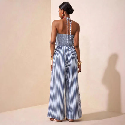 New African Fashion Women Summer Jumpsuits Striped Printed Halter Hollow Out Back Ruffles Patchwork Wide Leg Pants Jumpsuit