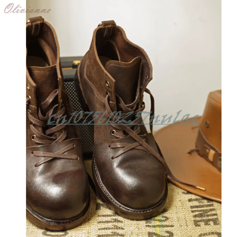 American Retro Style Chunky Leather Work Boots Lace-up Handmade Short Boots for men Thick Sole Men Shoes 2026 Zapatillas Mujer