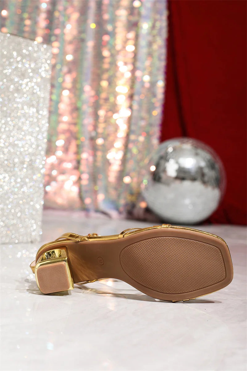 Liyke Sexy Gold Ankle Strap Sandals Women Summer Square Toe Buckle Strap Shoes Fashion Fretwork Strange High Heels Zapatos Mujer