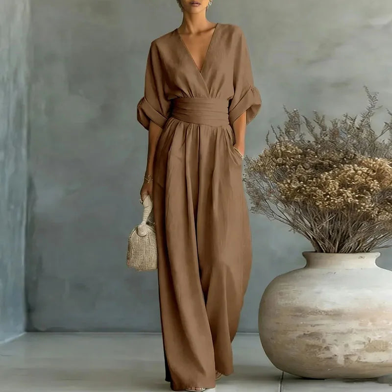 OL Style Solid High Waist Draped Jumpsuits Woman 2026 Spring V Neck Wide Leg Trousers Overalls Casual Half Sleeve Rompers Outfit