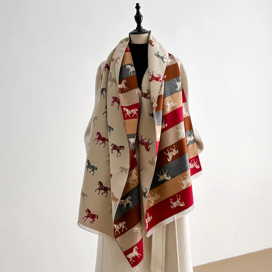 Latest Design Elegance Horse Print Scarve Pashmina Soft Warm Fringe Pashmina Shawl Winter Coldproof Windproof Blanket Scraf