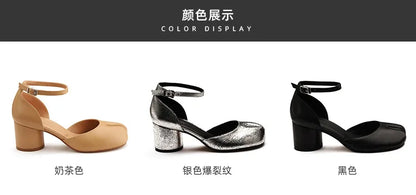 Modern Heels Pumps Women Round High Heel Leather Square Split Toe Pumps Shoes Spring Summer Sandals Mary Janes Shoes Heels Women