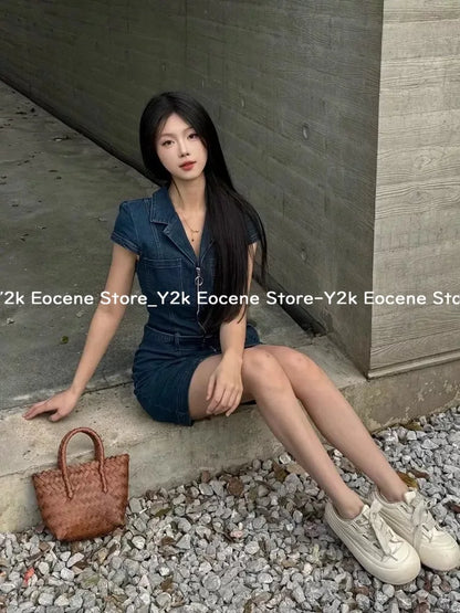 American Retro Black Denim Short Dress Women Summer Zipper Elegant Slim One Piece Dress Korean Fashion Design Casual Clothing