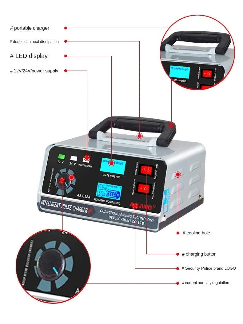 Large Power 400W Battery Charger 12V/24V Car Battery Charger Trickle Smart Pulse Repair for Car SUV Truck Boat