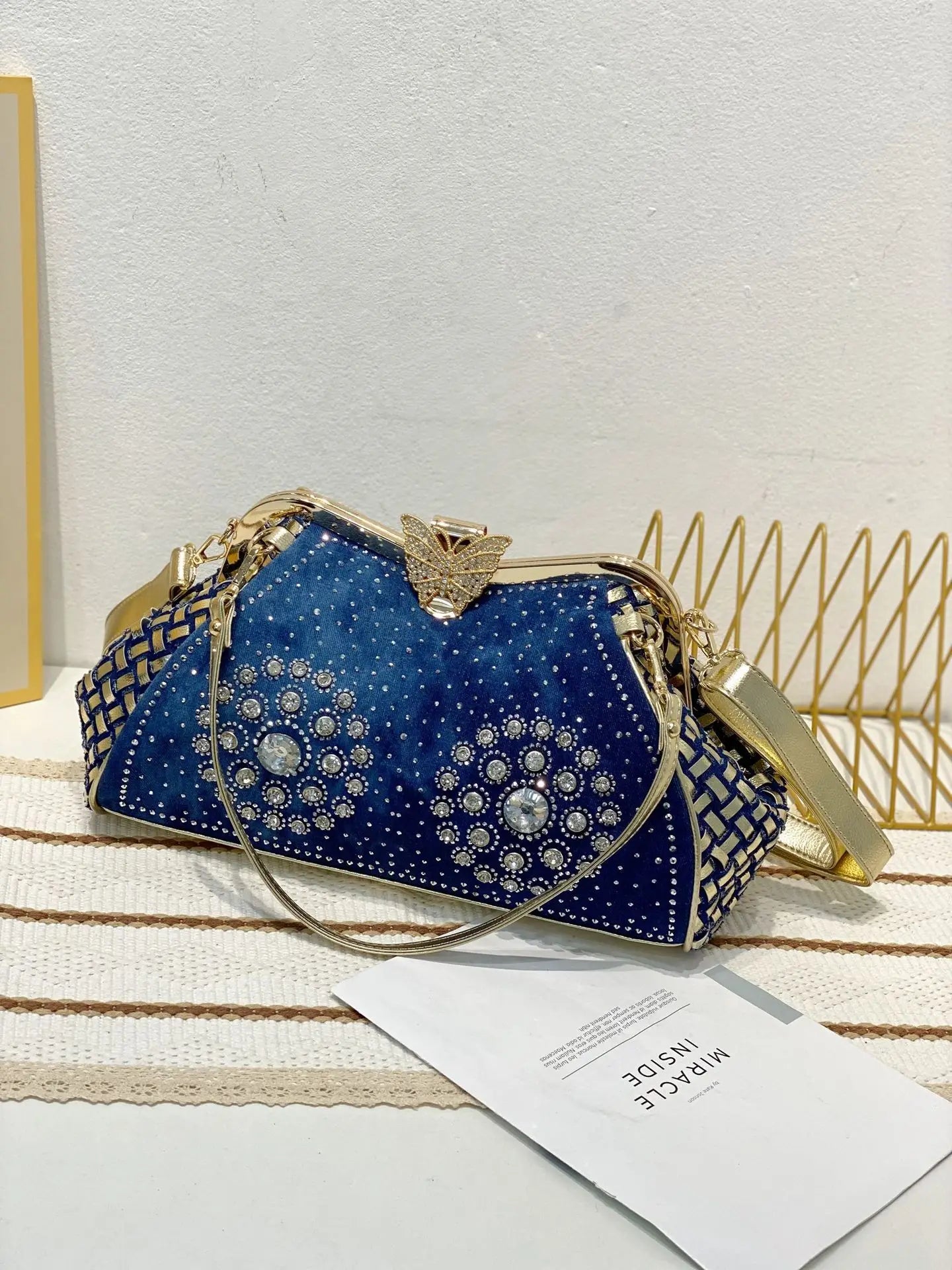 Denim Rhinestones Women Handbag Clutch Bag For Evening Party Chic Butterfly Decoration Ladies Denim  Shoulder Bag