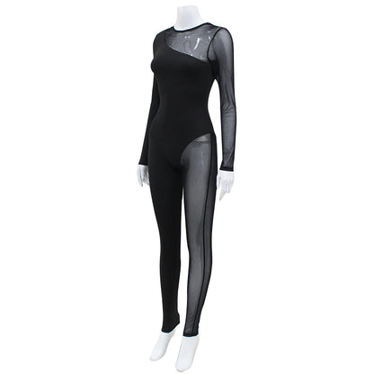 Hipster Tight Jumpsuit Woman Midnight Overalls Streetwear O-Neck Long Sleeve Zipper Sexy See Through Mesh Rompers Women Jumpsuit