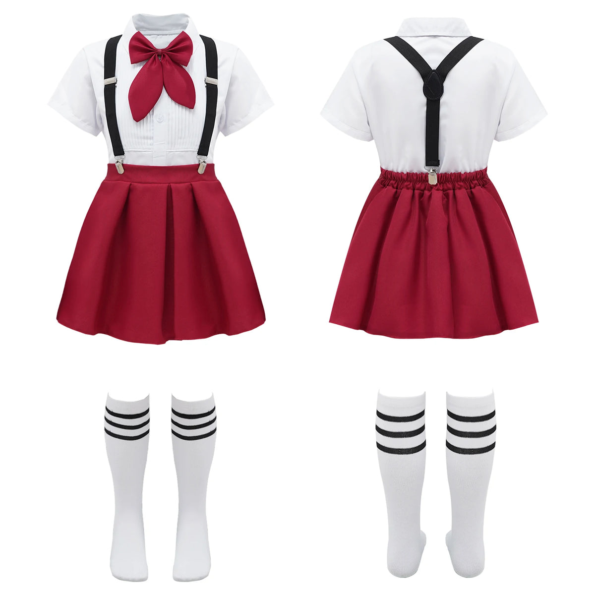Children Girls Choir Outfits School Uniform Bow Tie Shirt with Suspender Skirt and Socks Schoolgirls Stage Performance Costume