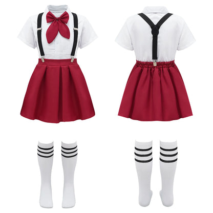 Children Girls Choir Outfits School Uniform Bow Tie Shirt with Suspender Skirt and Socks Schoolgirls Stage Performance Costume