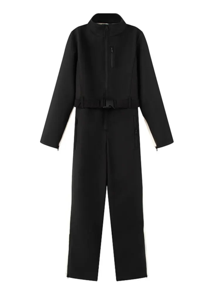 2026 Women's Elegant Skateboard One-piece Fleece Warm Bodysuit Belted Female Long Sleeve Windproof Patchwork Skiing Jumpsuits