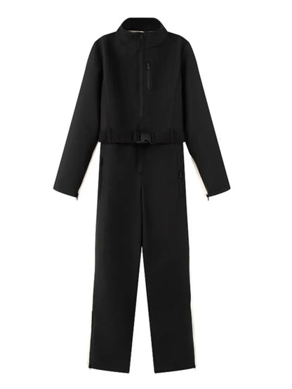 2026 Women's Elegant Skateboard One-piece Fleece Warm Bodysuit Belted Female Long Sleeve Windproof Patchwork Skiing Jumpsuits
