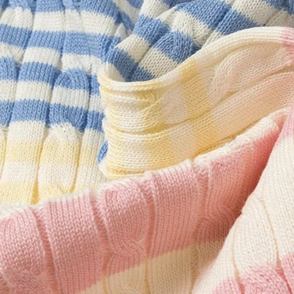 Pastel Stripe Cable Knit Two Piece Set Women's Polo Collar Button Front Crop Top & Mini Skirt Stretchy Bodycon Casual Outfit