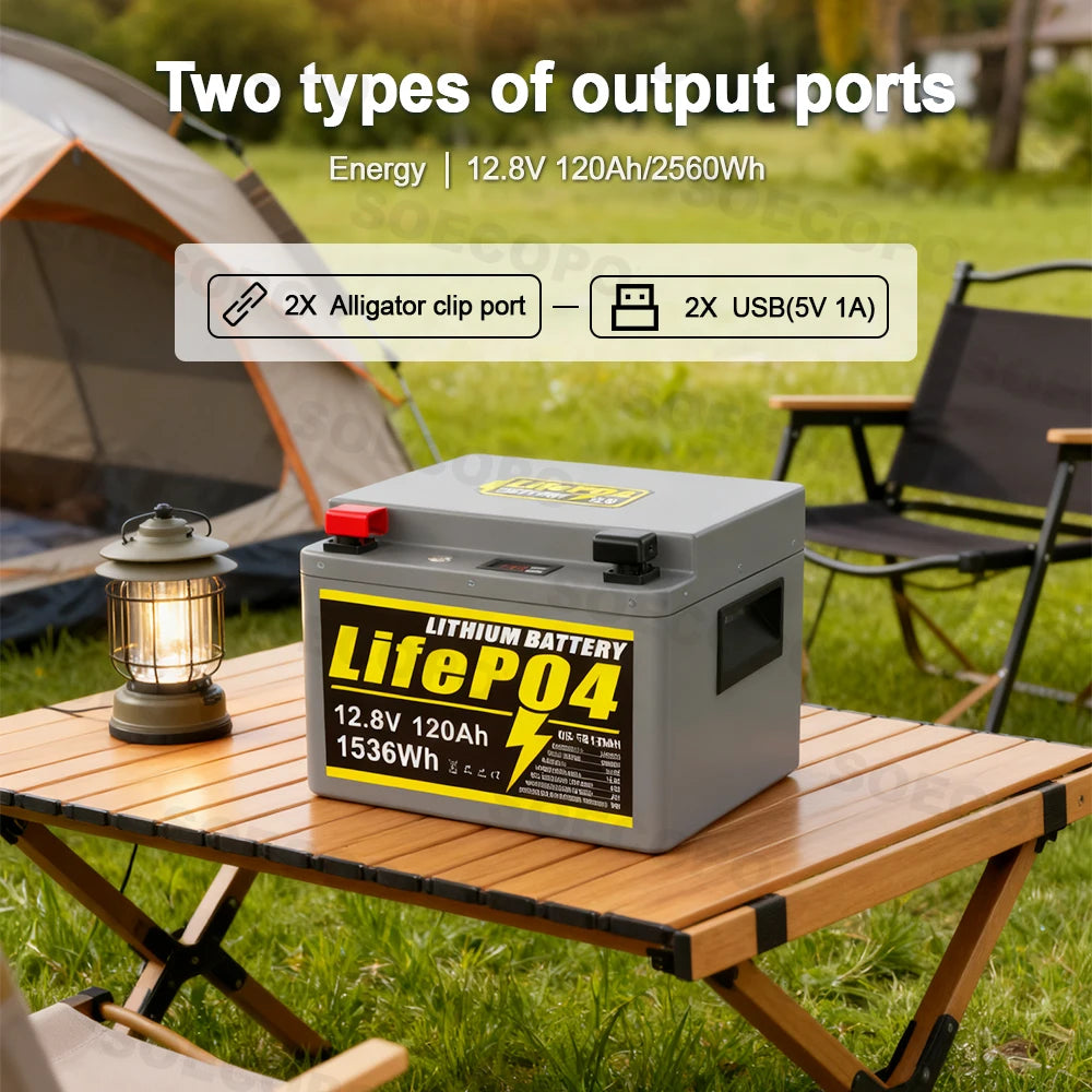 SOECOPO 12V 120Ah Portable LiFePO4 Battery 1536Wh LCD Screen USB Output for Home Camping Fishing Trolling Motor Power Bank