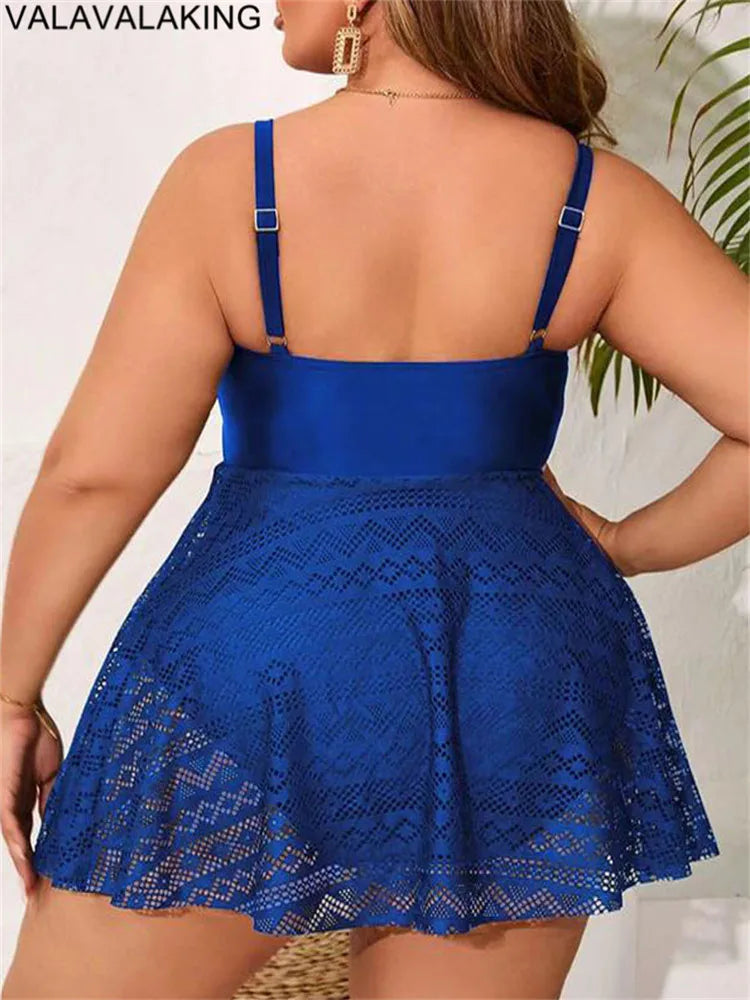2026 Lace Patchwork Plus Size Swimwear Women Solid Strapped Large One Piece Swimsuit Brazilian Lady Chubby Curvy Bathing Suit