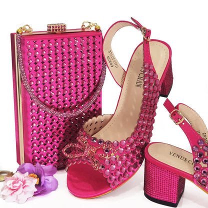 2024 New Italian Design Full Drill Elegant Wine Evening High Heels Wedding Party Shoes Matching Clutch Handbag