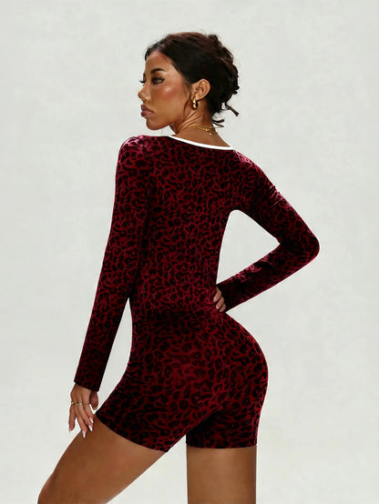 Women's Leopard Print Jumpsuit, Sexy One-Piece Long-Sleeve Bodysuit, Short Jumpsuit for Yoga & Gym, Black Streetwear