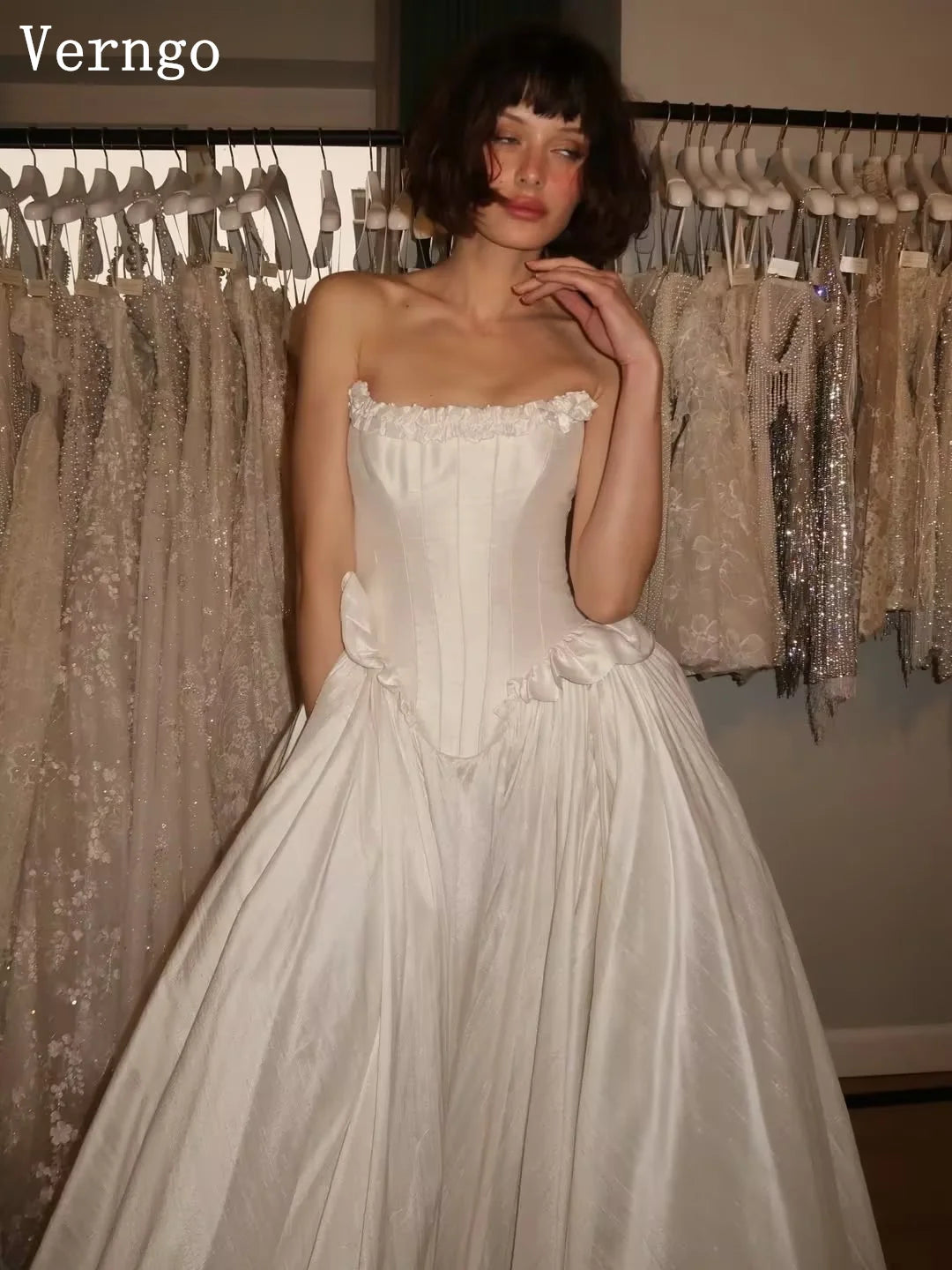 Verngo Modern Satin Wedding Dress Strapless Pleated Simple Bridal Gowns Women Classy Sweep Train Bride Dresses Customized