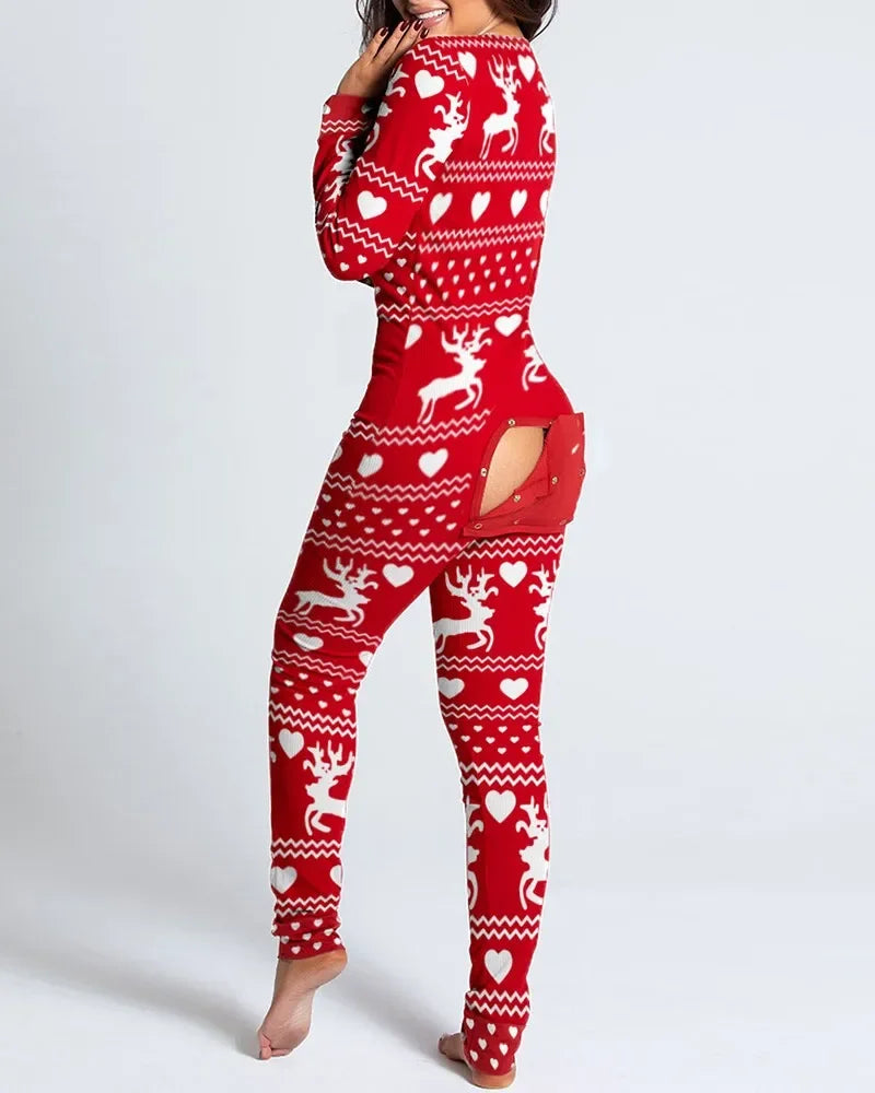 New Women Pajamas Sexy V-neck Jumpsuit Plaid Casual Long Sleeve Pyjama Button-down Front Functional Buttoned Flap Sleepwear