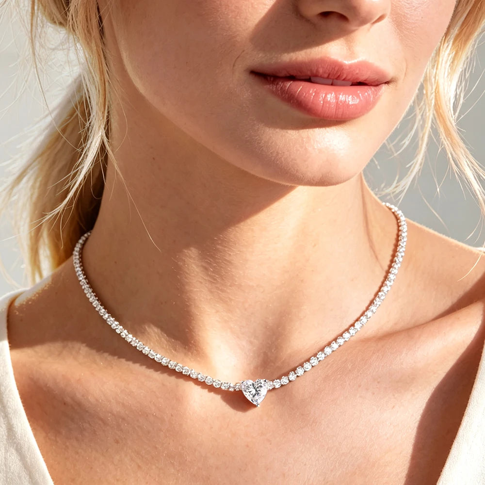 All Moissanite Tennis Necklace for Women Men Sparkling D Color 1ct Heart Cut Pendant Necklace S925 Sterling Silver Chain Jewelry