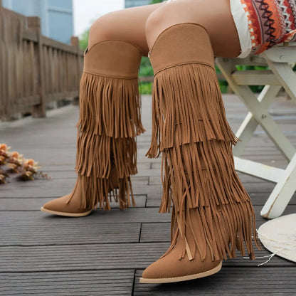 Women Boots Tassel Pointed Toe Thin Heels Women's Boots Suede Multi Fringe Knee High Boots Street-Style Party Fashion Shoes