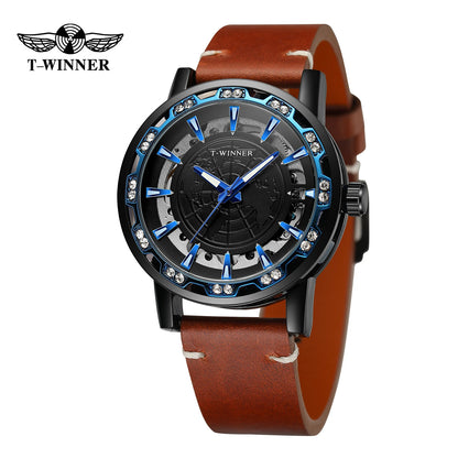 Winner Design World Map Transparent Skeleton Mechanical Watch for Men Fashion Diamond Luminous Luxury Leather Strap Unisex