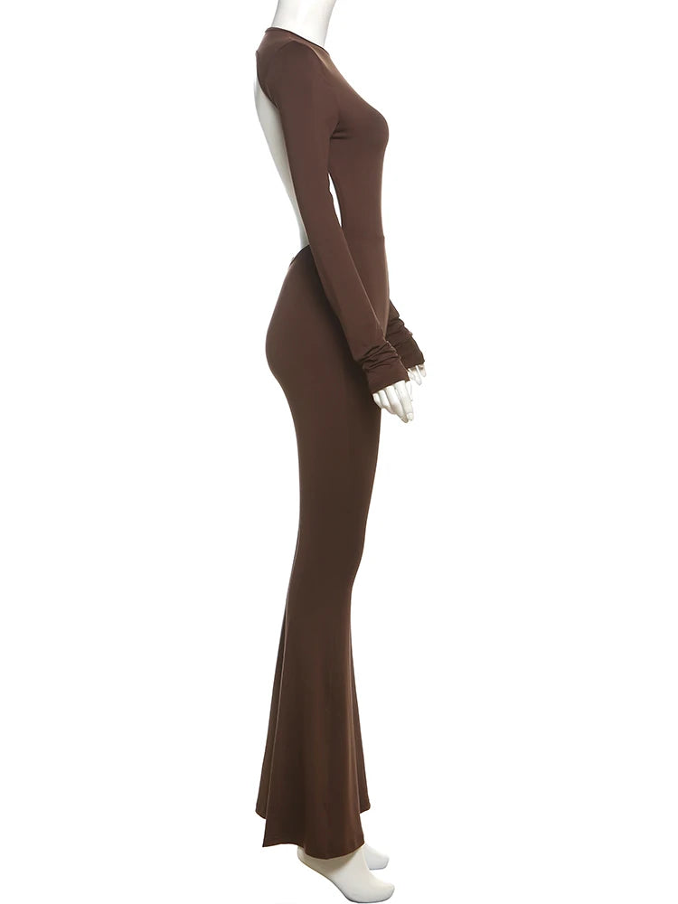 SIsterlinda Solid Sexy Backless Bodycon Wide Leg Jumpsuit Women Autumn Casual Slim Long Sleeve O-Neck Playsuit Lady Streetwear